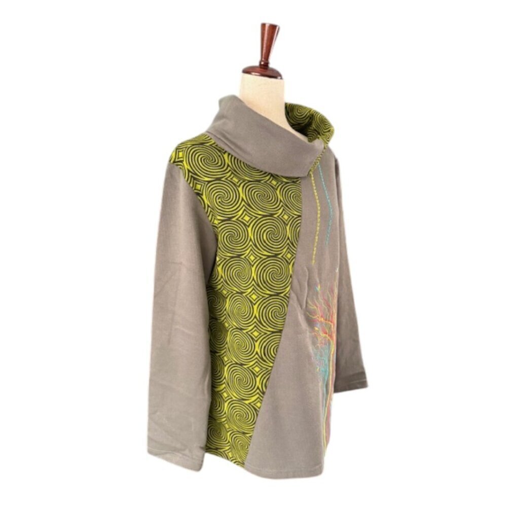 Boho Hippie Retro Trippy Green Embroidered Women's Sweatshirt Cowl Neck Lrg NWOT - Picture 7 of 16